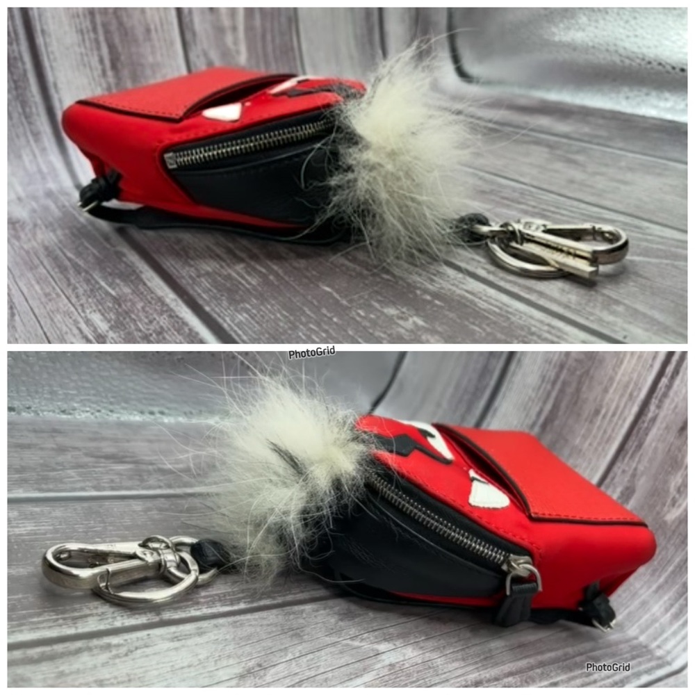 FENDI Monster Mini Backpack Bag Charm Leather Nylon & Fur Red Black w/ Box RARE - Picture 8 of 16
